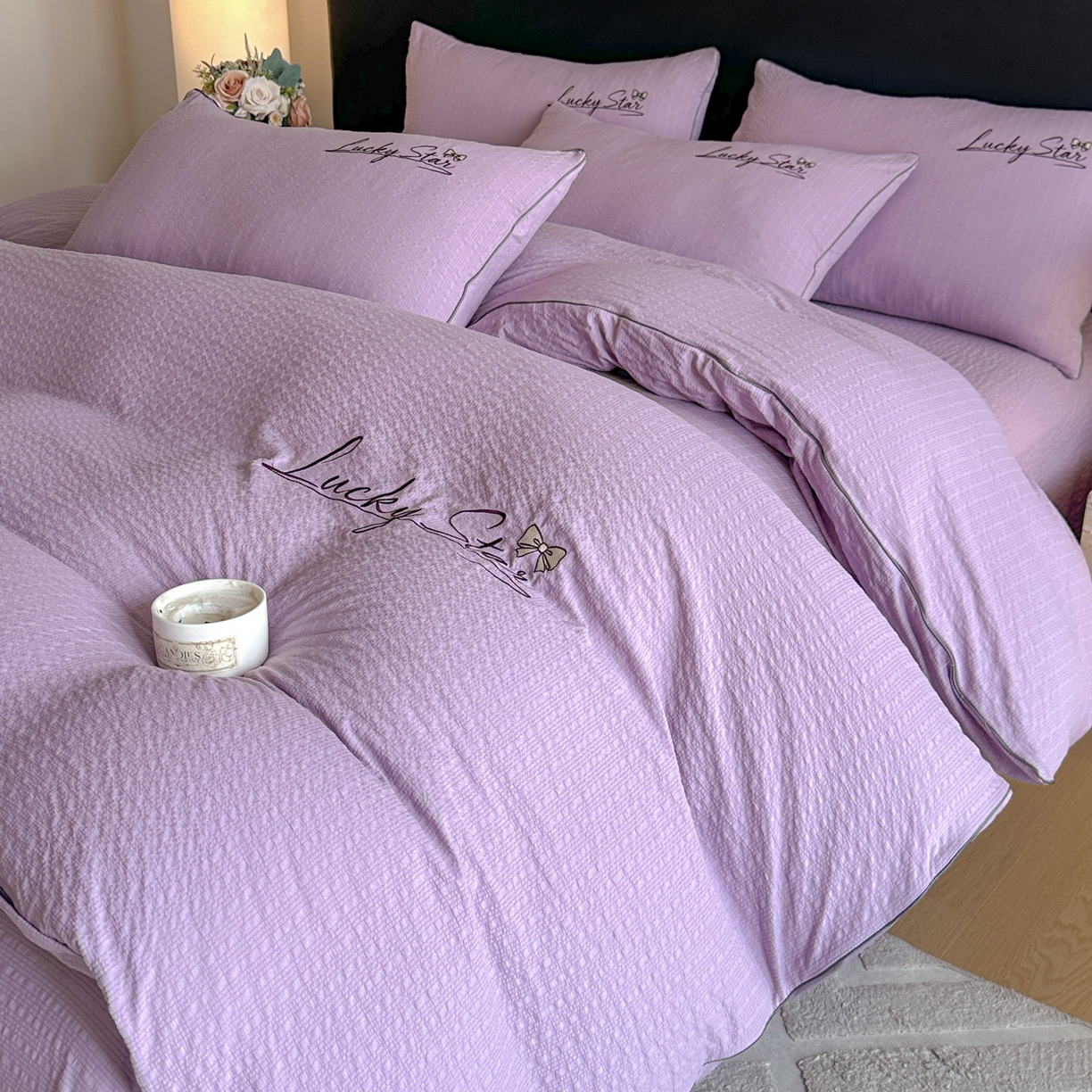 91家纺网 家纺一手货源 找家纺 利欧 2026新款水洗棉四件套提花四件套刺绣四件套-幸运 幸运紫