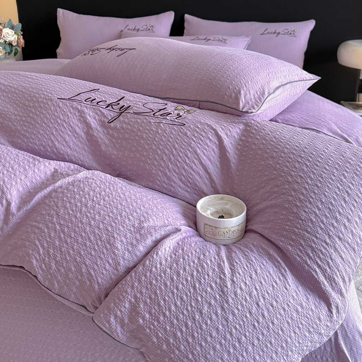 91家纺网 家纺一手货源 找家纺 利欧 2026新款水洗棉四件套提花四件套刺绣四件套-幸运 幸运紫