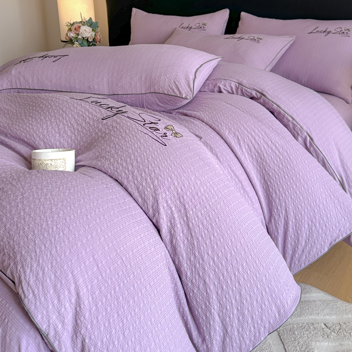 91家纺网 家纺一手货源 找家纺 利欧 2026新款水洗棉四件套提花四件套刺绣四件套-幸运 幸运紫