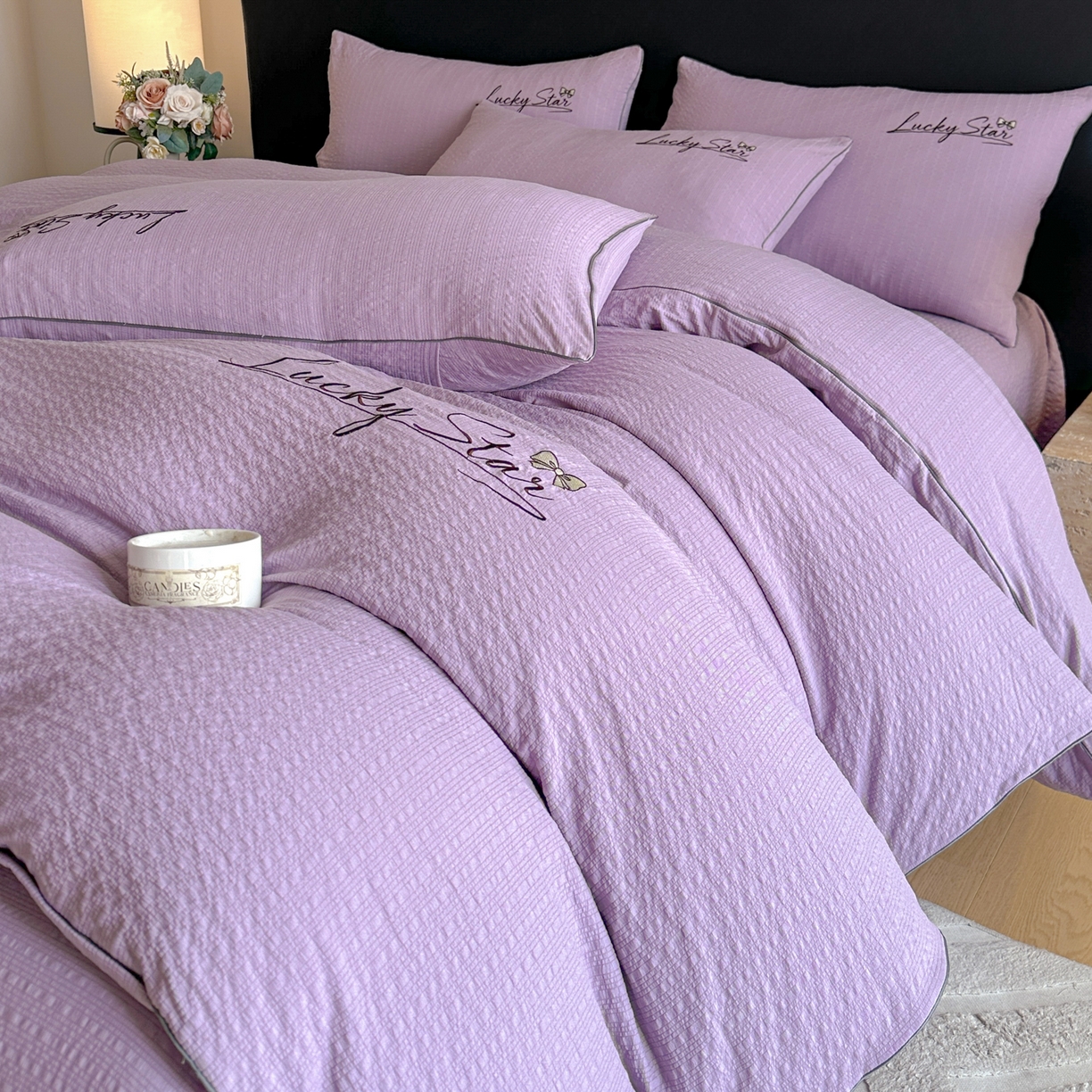 91家纺网 家纺一手货源 找家纺 利欧 2026新款水洗棉四件套提花四件套刺绣四件套-幸运 幸运紫