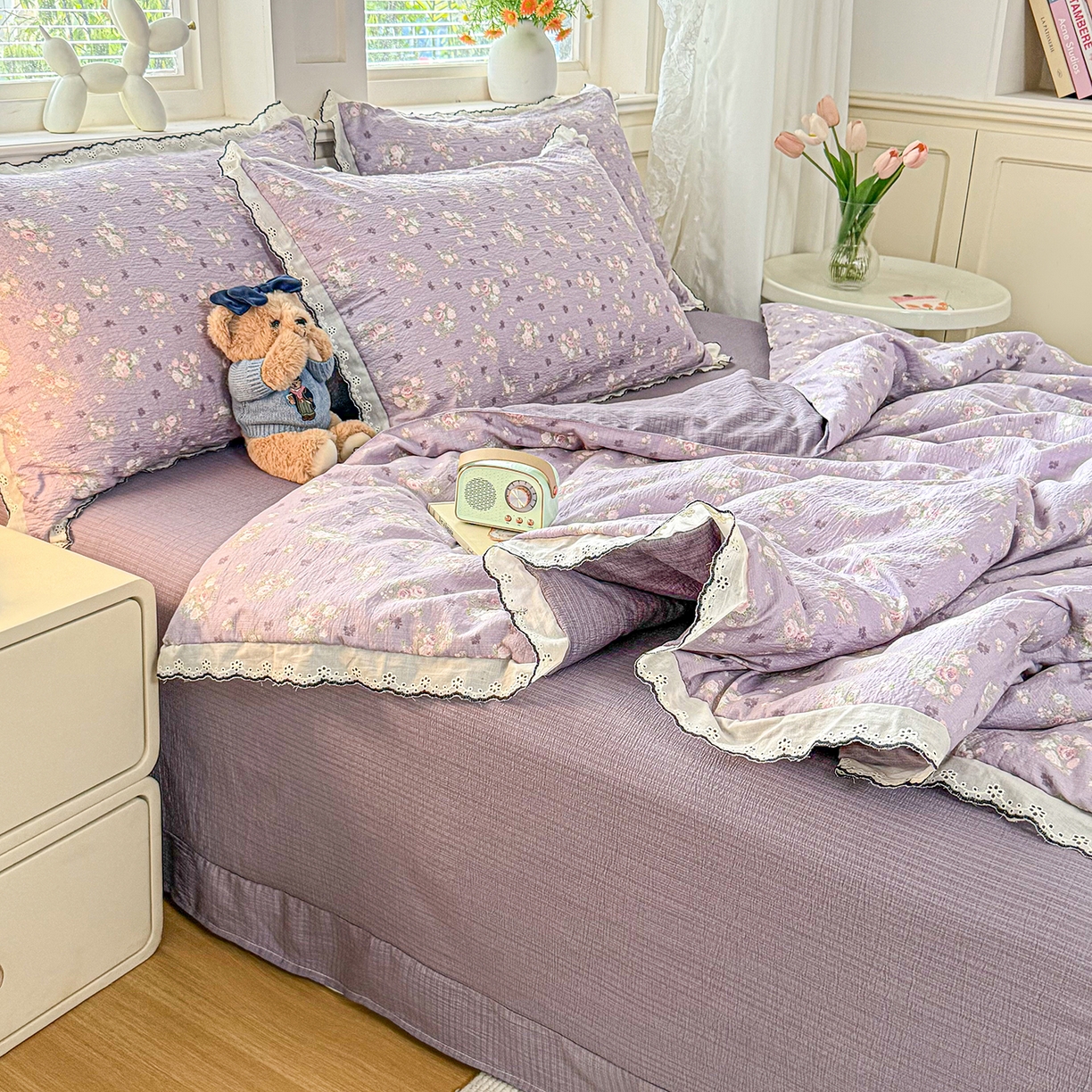 梦纤绒 2026新款法式全棉花边夏被夏凉被空调被四件套 豆蔻