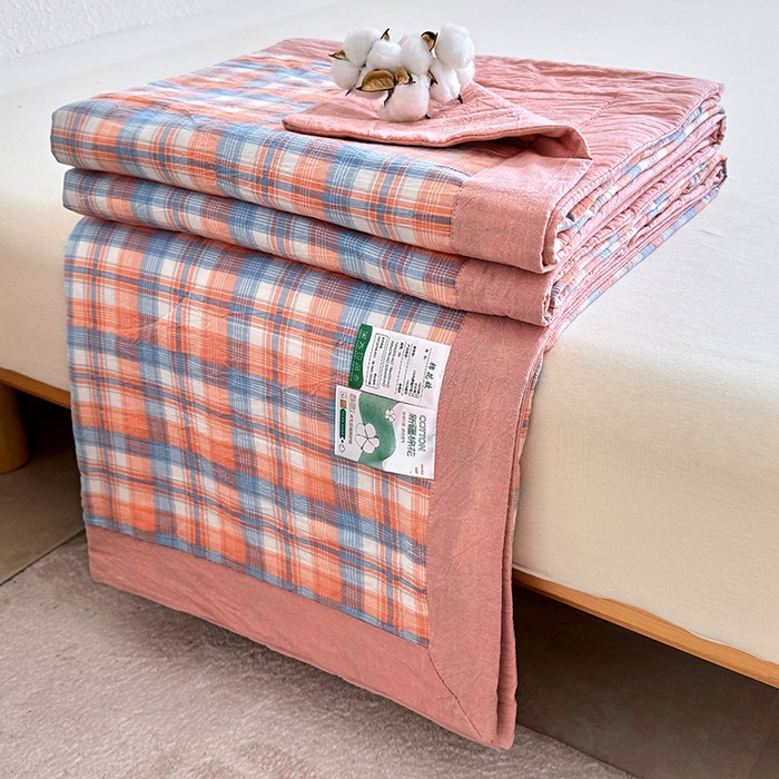 家贝爱 2026新款全棉色织新疆棉花夏被夏凉被空调被 蓝橙格