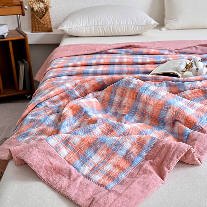 91家纺网 家纺一手货源 找家纺 家贝爱 2026新款全棉色织新疆棉花夏被夏凉被空调被 蓝橙格