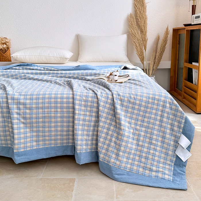 91家纺网 家纺一手货源 找家纺 家贝爱 2026新款全棉色织新疆棉花夏被夏凉被空调被 蓝黄格