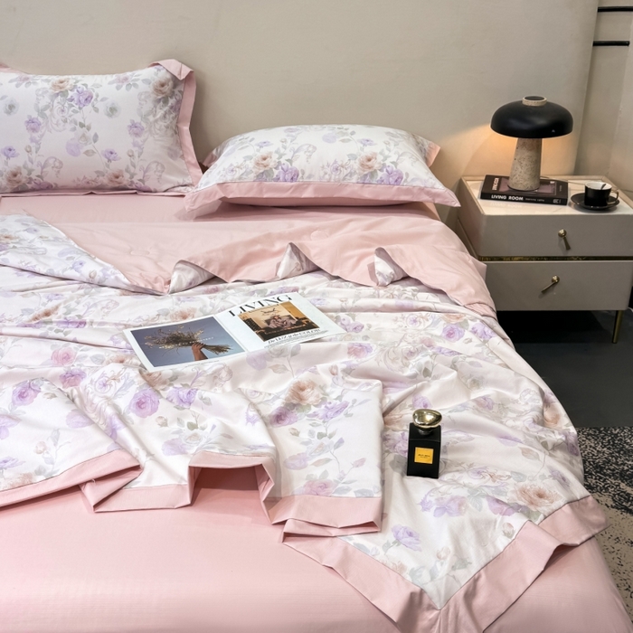 91家纺网 家纺一手货源 找家纺 新款凉感天丝棉夏被夏凉被空调被夏被四件套系列 伊莉莎（粉）