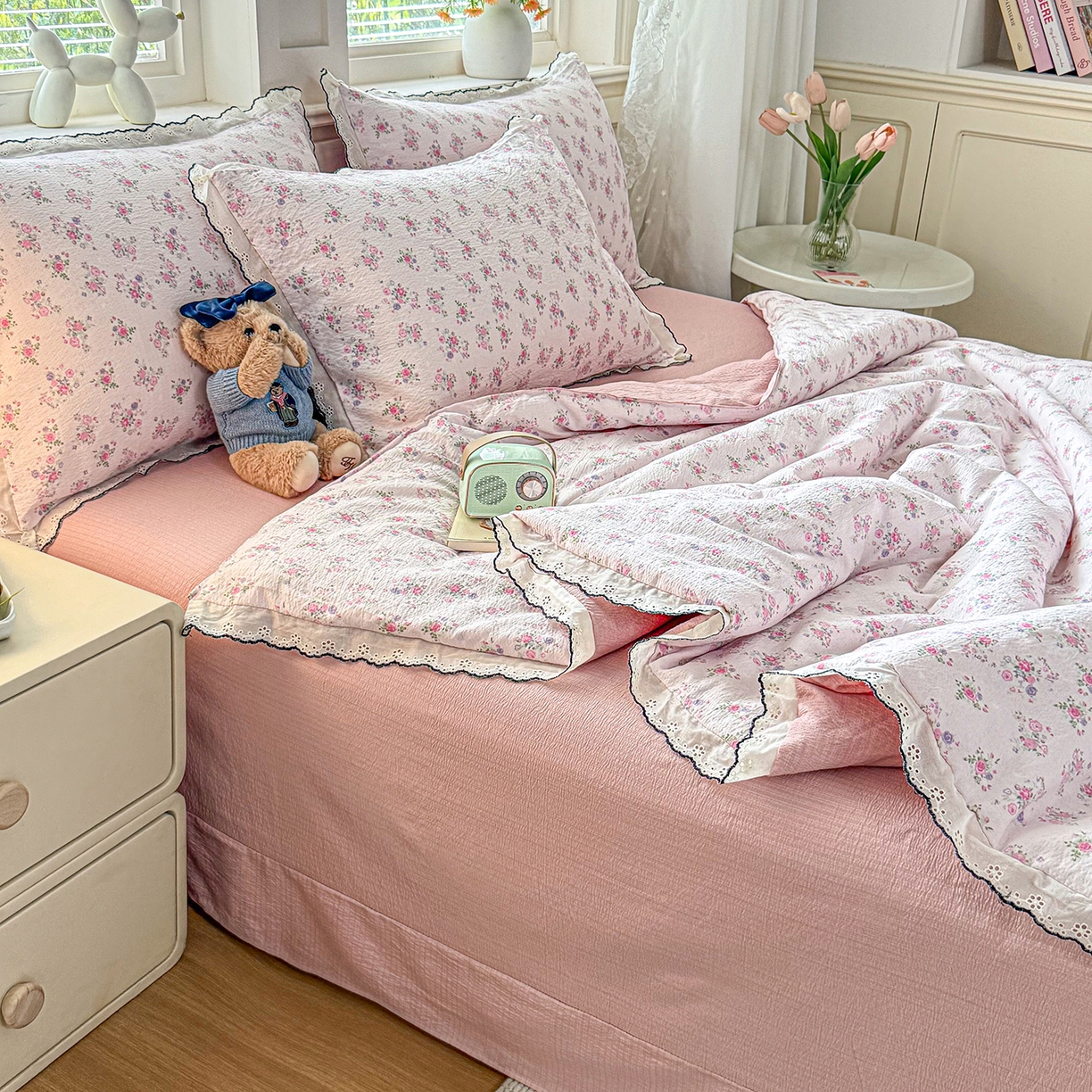 梦纤绒 2026新款法式全棉花边夏被夏凉被空调被四件套 蔷薇花