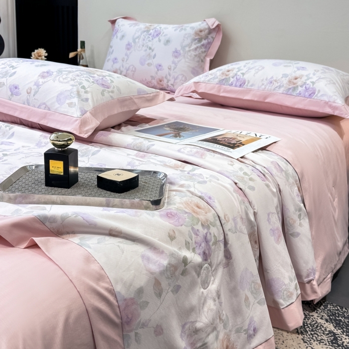 91家纺网 家纺一手货源 找家纺 新款凉感天丝棉夏被夏凉被空调被夏被四件套系列 伊莉莎（粉）
