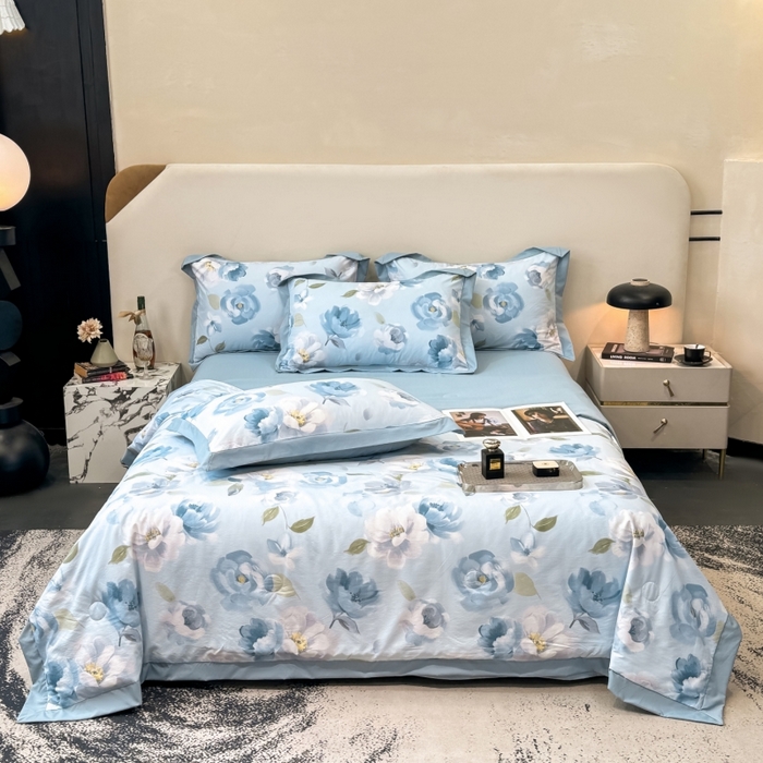 91家纺网 家纺一手货源 找家纺 新款凉感天丝棉夏被夏凉被空调被夏被四件套系列 云兮蓝