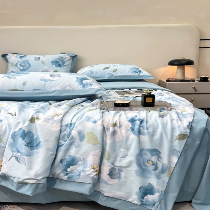 91家纺网 家纺一手货源 找家纺 新款凉感天丝棉夏被夏凉被空调被夏被四件套系列 云兮蓝