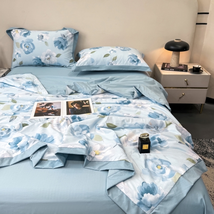 91家纺网 家纺一手货源 找家纺 新款凉感天丝棉夏被夏凉被空调被夏被四件套系列 云兮蓝