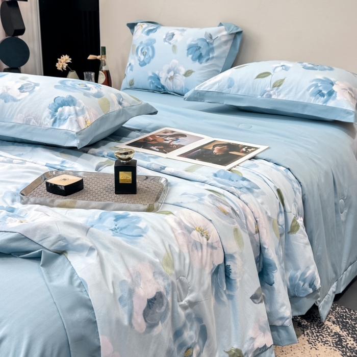 91家纺网 家纺一手货源 找家纺 新款凉感天丝棉夏被夏凉被空调被夏被四件套系列 云兮蓝
