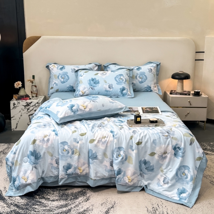 91家纺网 家纺一手货源 找家纺 新款凉感天丝棉夏被夏凉被空调被夏被四件套系列 云兮蓝