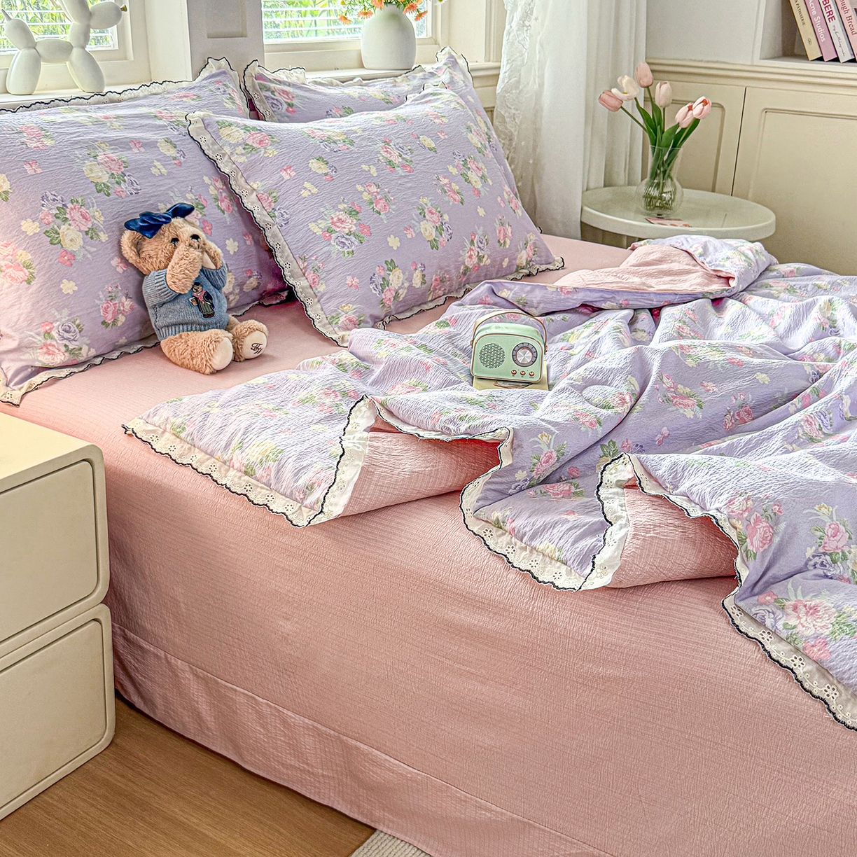 梦纤绒 2026新款法式全棉花边夏被夏凉被空调被四件套 半岛玫瑰