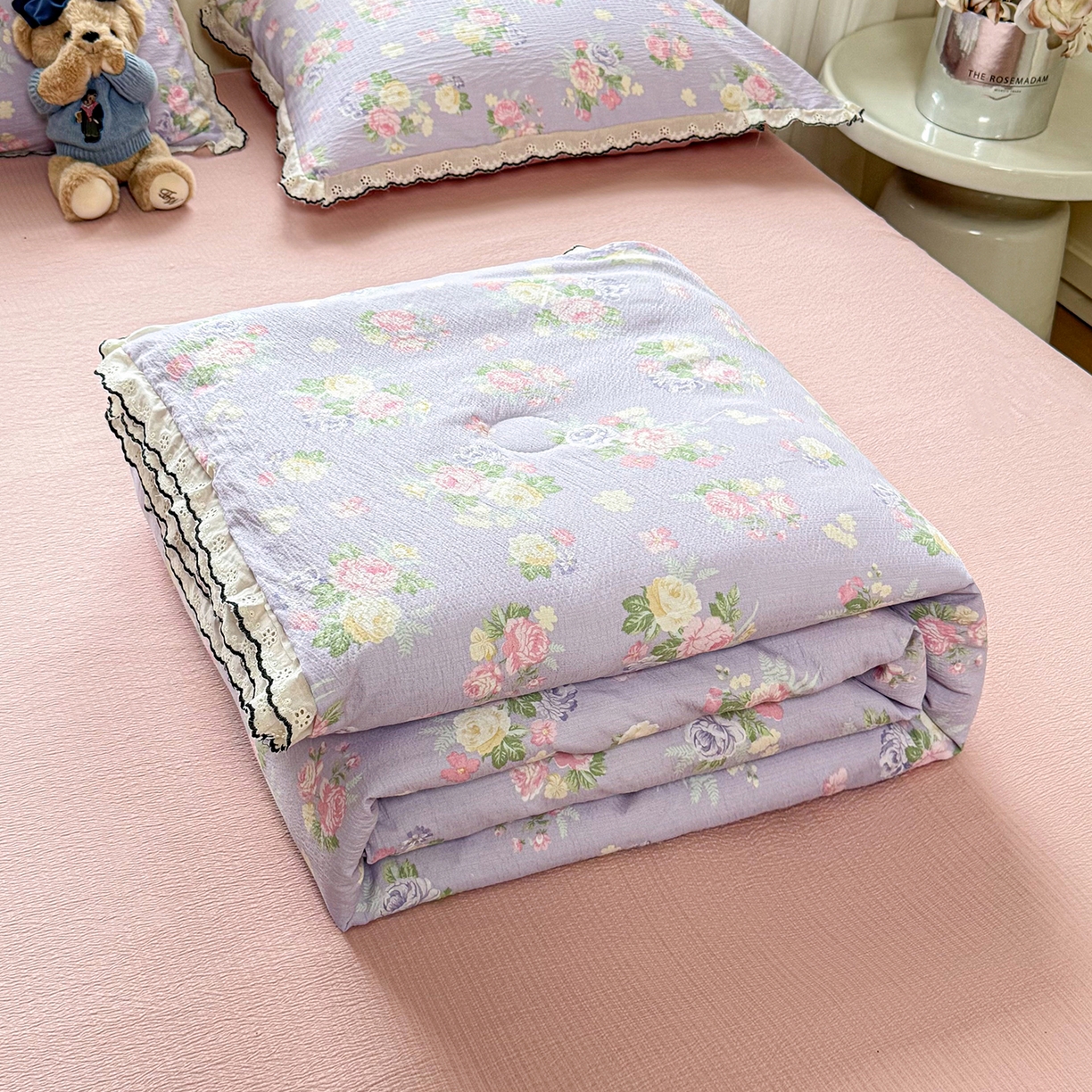 91家纺网 家纺一手货源 找家纺 梦纤绒 2026新款法式全棉花边夏被夏凉被空调被四件套 半岛玫瑰