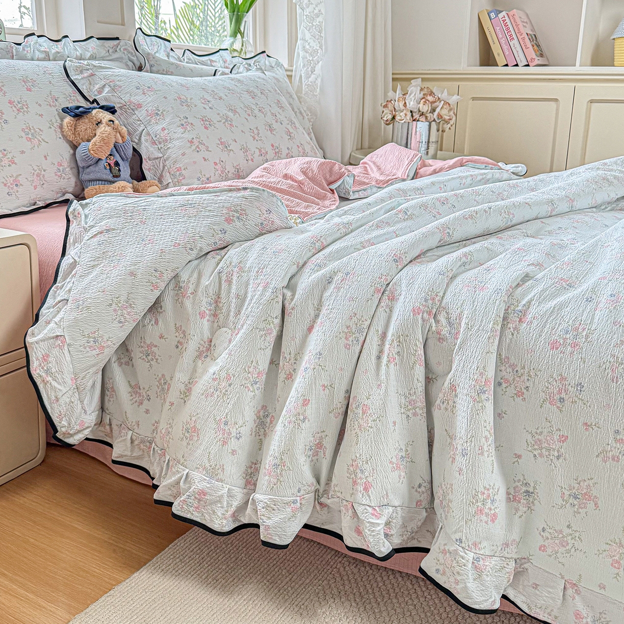 梦纤绒 2026新款法式全棉花边夏被夏凉被空调被四件套 花间语