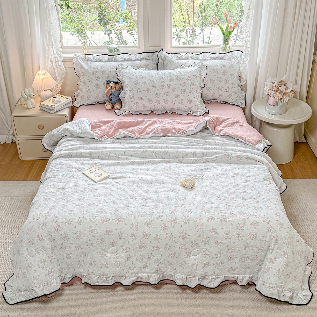 91家纺网 家纺一手货源 找家纺 梦纤绒 2026新款法式全棉花边夏被夏凉被空调被四件套 花间语