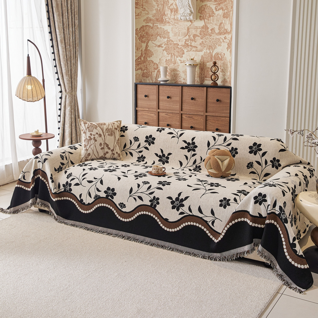 91家纺网 家纺一手货源 找家纺 逐日沙发套 2026新款加厚雪尼尔-沙发巾 黑影繁花