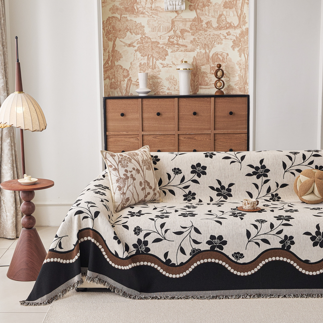 91家纺网 家纺一手货源 找家纺 逐日沙发套 2026新款加厚雪尼尔-沙发巾 黑影繁花