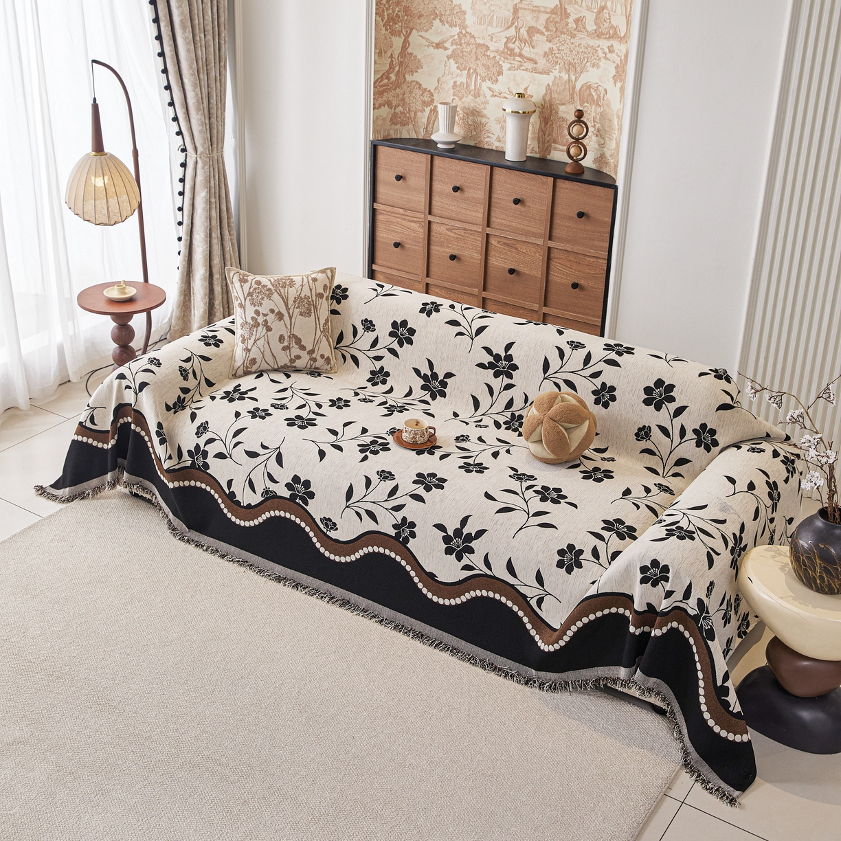 91家纺网 家纺一手货源 找家纺 逐日沙发套 2026新款加厚雪尼尔-沙发巾 黑影繁花