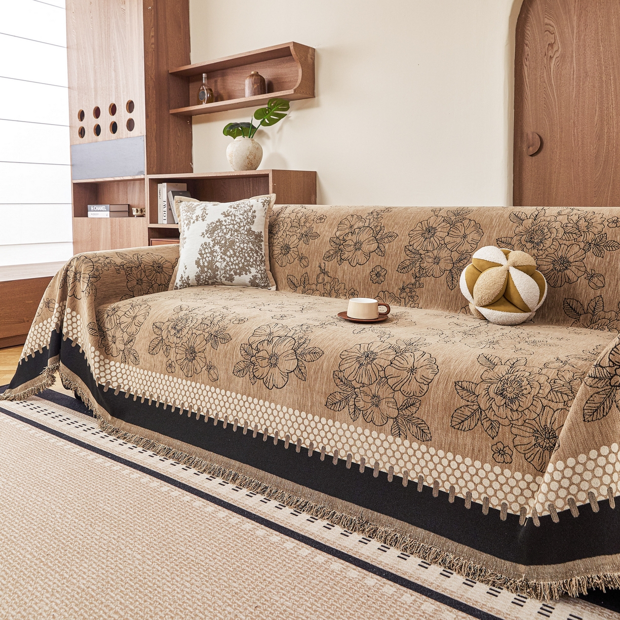 91家纺网 家纺一手货源 找家纺 逐日沙发套 2026新款加厚雪尼尔-沙发巾 焦糖花影