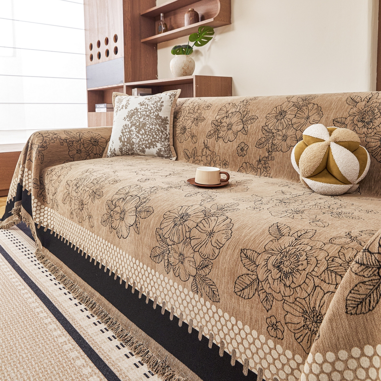 91家纺网 家纺一手货源 找家纺 逐日沙发套 2026新款加厚雪尼尔-沙发巾 焦糖花影