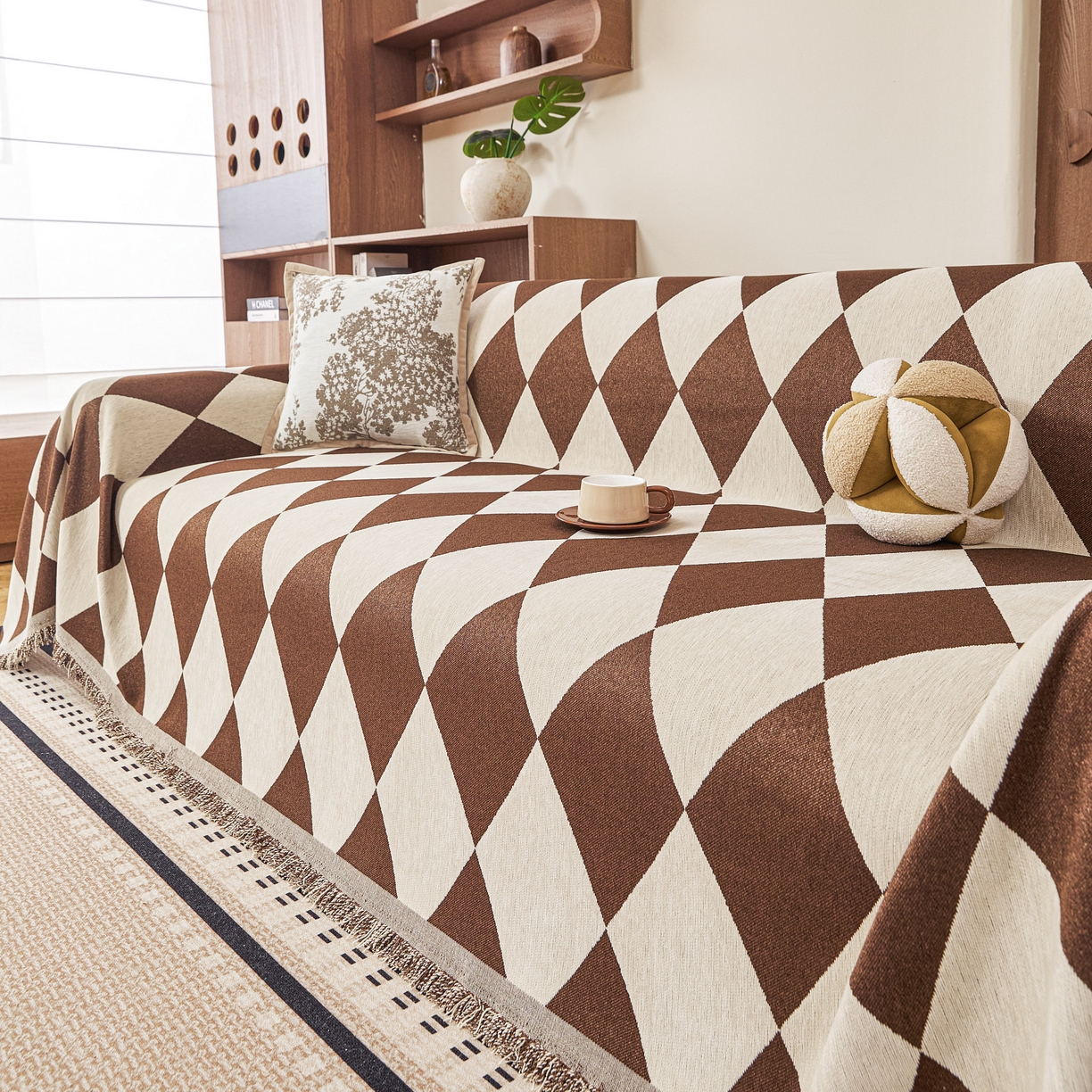 91家纺网 家纺一手货源 找家纺 逐日沙发套 2026新款加厚雪尼尔-沙发巾 摩卡棋盘