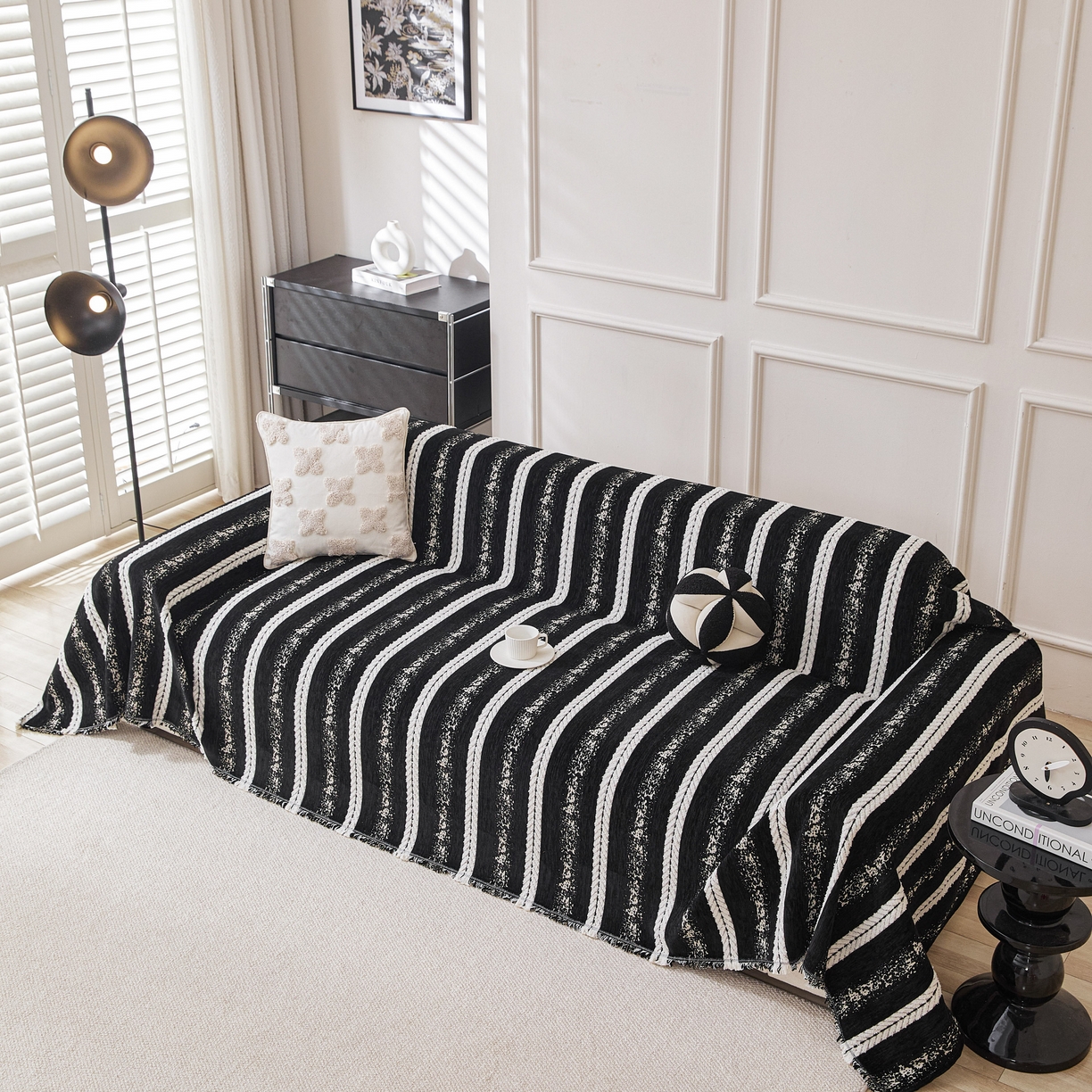 91家纺网 家纺一手货源 找家纺 逐日沙发套 2026新款加厚雪尼尔-沙发巾 织序流年-黑