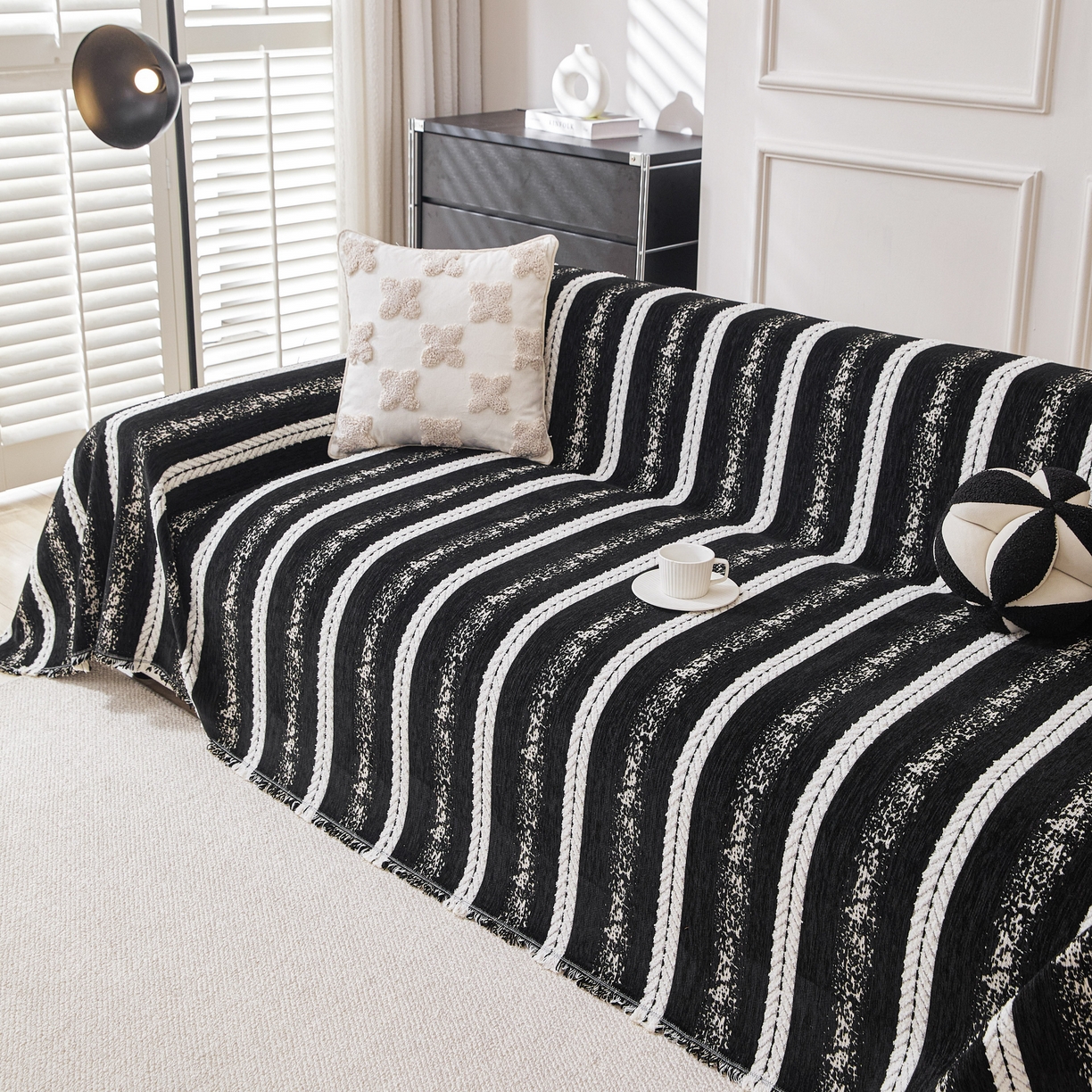 91家纺网 家纺一手货源 找家纺 逐日沙发套 2026新款加厚雪尼尔-沙发巾 织序流年-黑