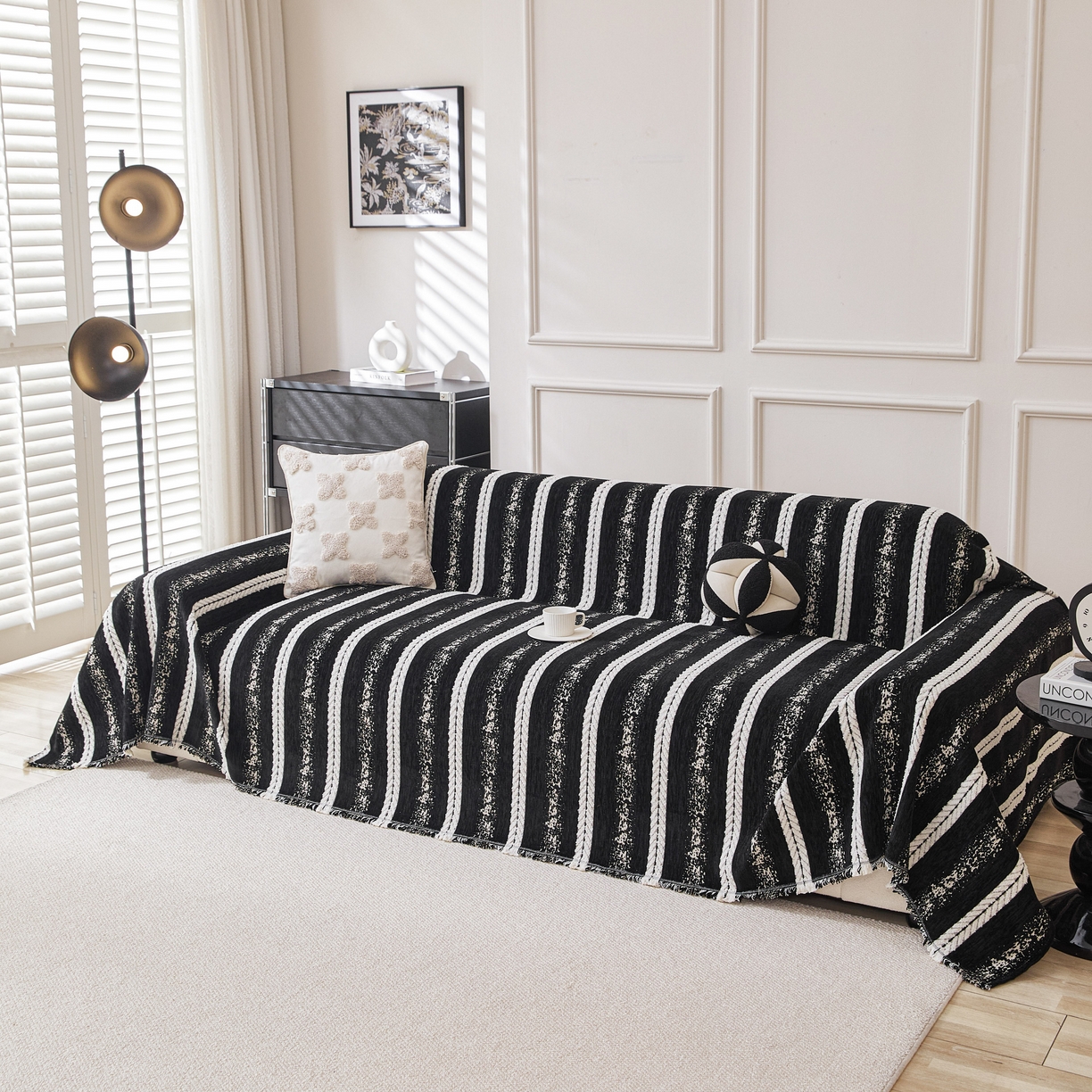 91家纺网 家纺一手货源 找家纺 逐日沙发套 2026新款加厚雪尼尔-沙发巾 织序流年-黑