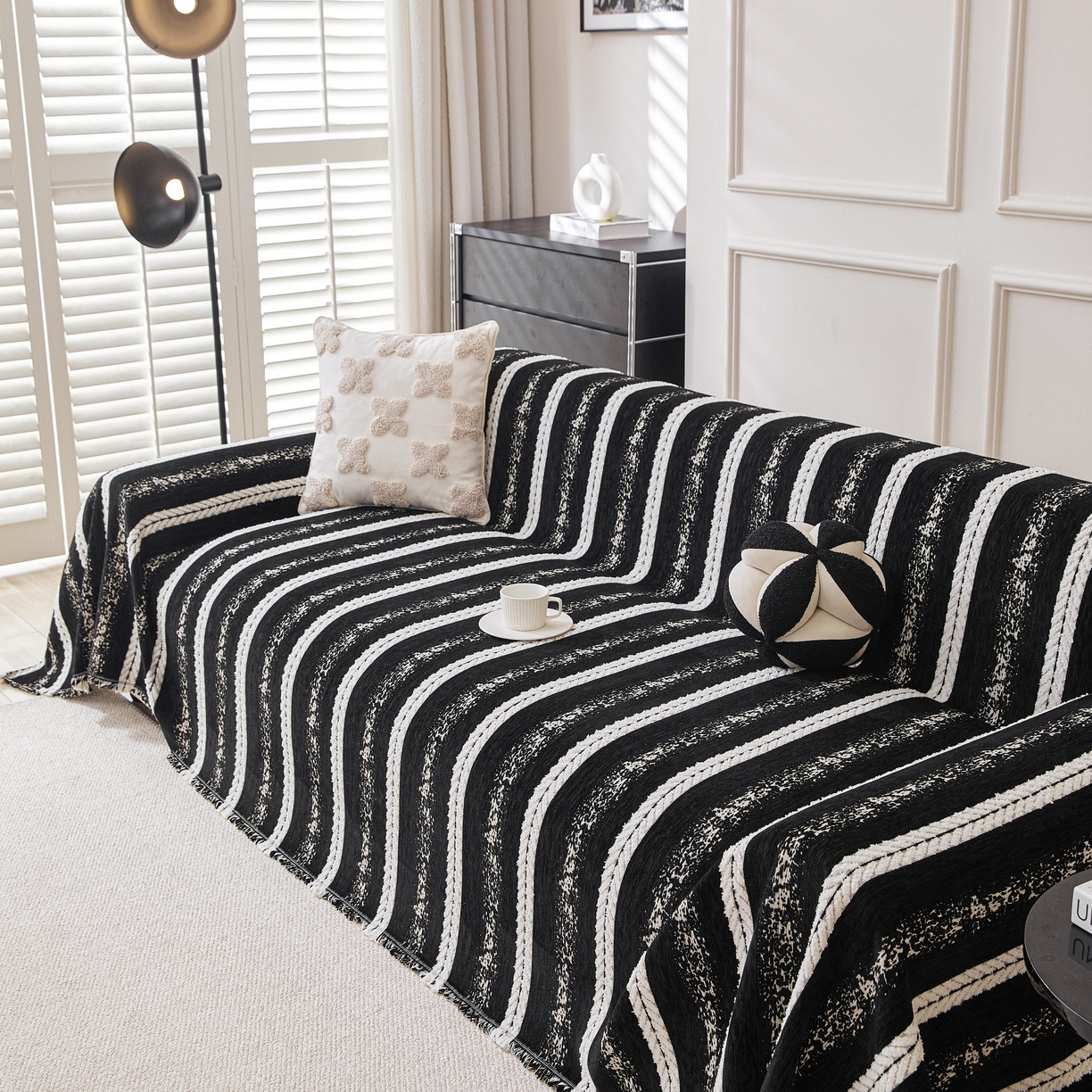 91家纺网 家纺一手货源 找家纺 逐日沙发套 2026新款加厚雪尼尔-沙发巾 织序流年-黑