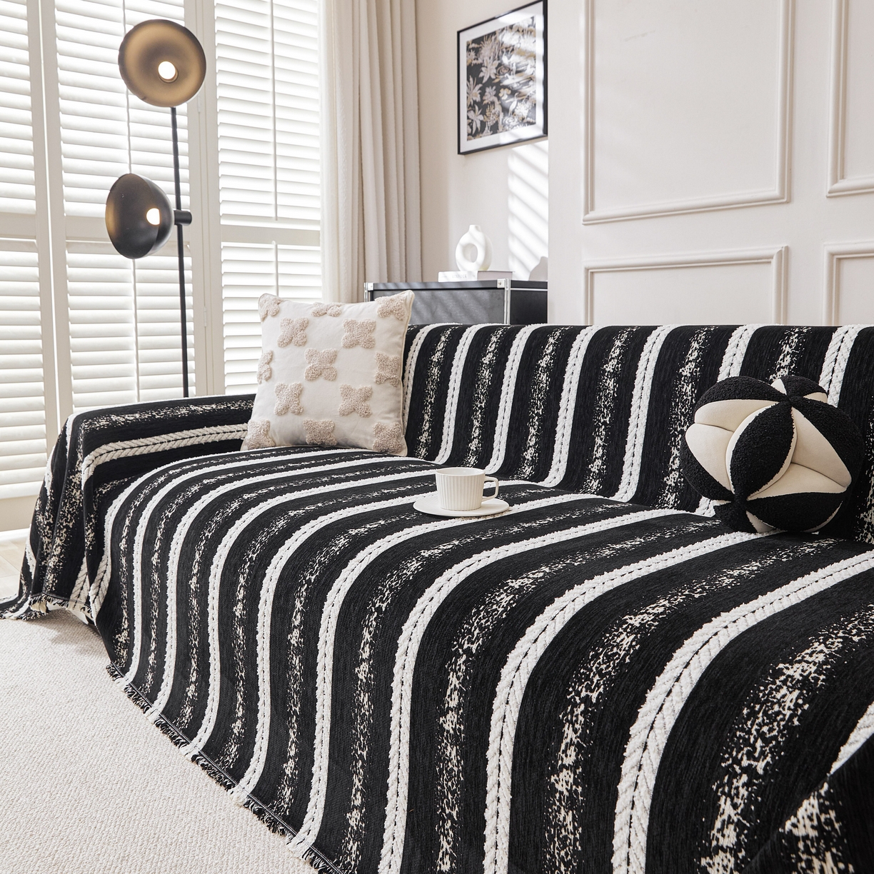 91家纺网 家纺一手货源 找家纺 逐日沙发套 2026新款加厚雪尼尔-沙发巾 织序流年-黑