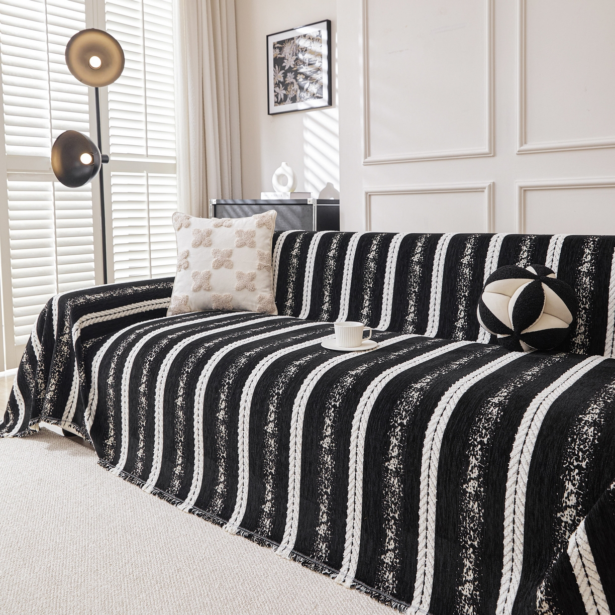 91家纺网 家纺一手货源 找家纺 逐日沙发套 2026新款加厚雪尼尔-沙发巾 织序流年-黑