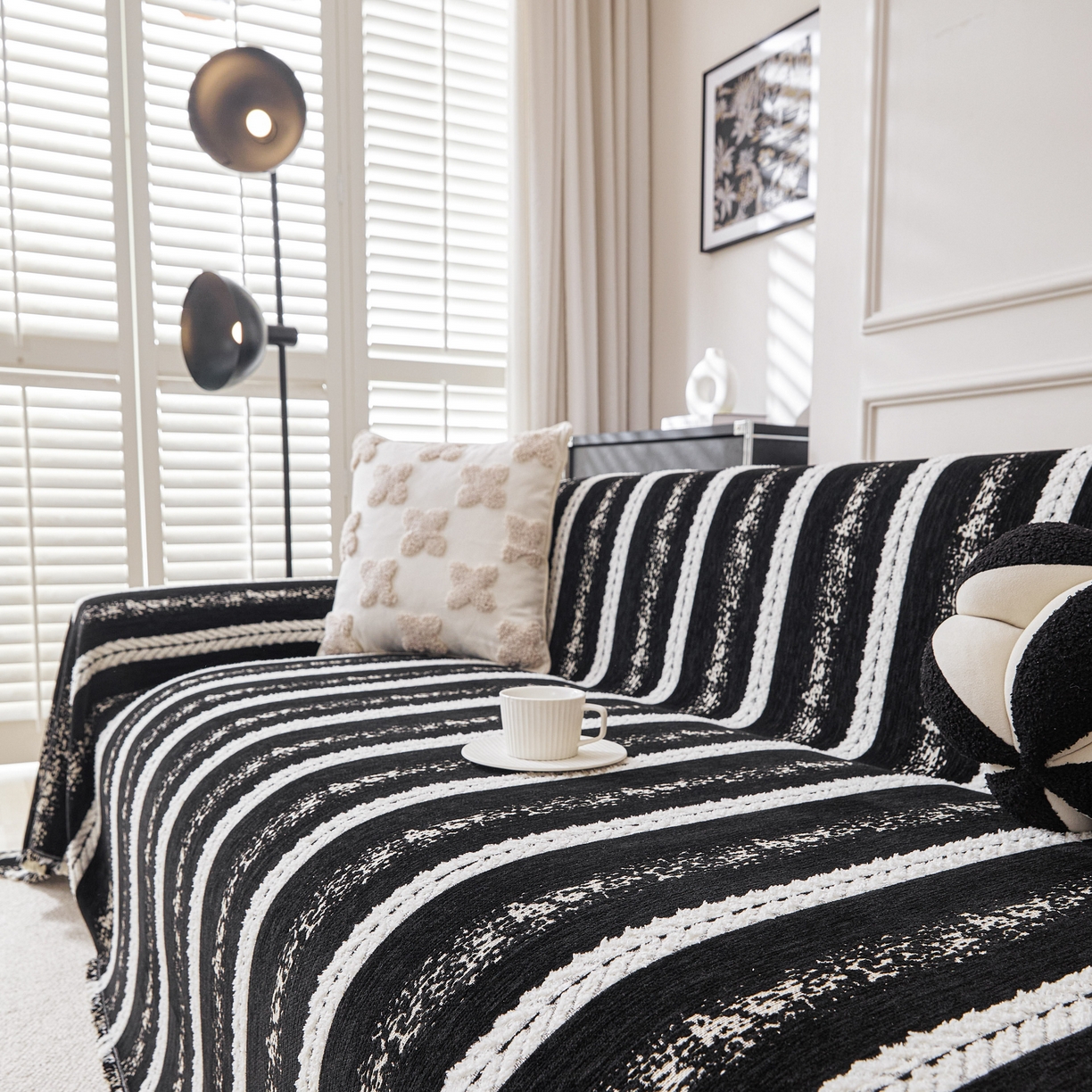 91家纺网 家纺一手货源 找家纺 逐日沙发套 2026新款加厚雪尼尔-沙发巾 织序流年-黑