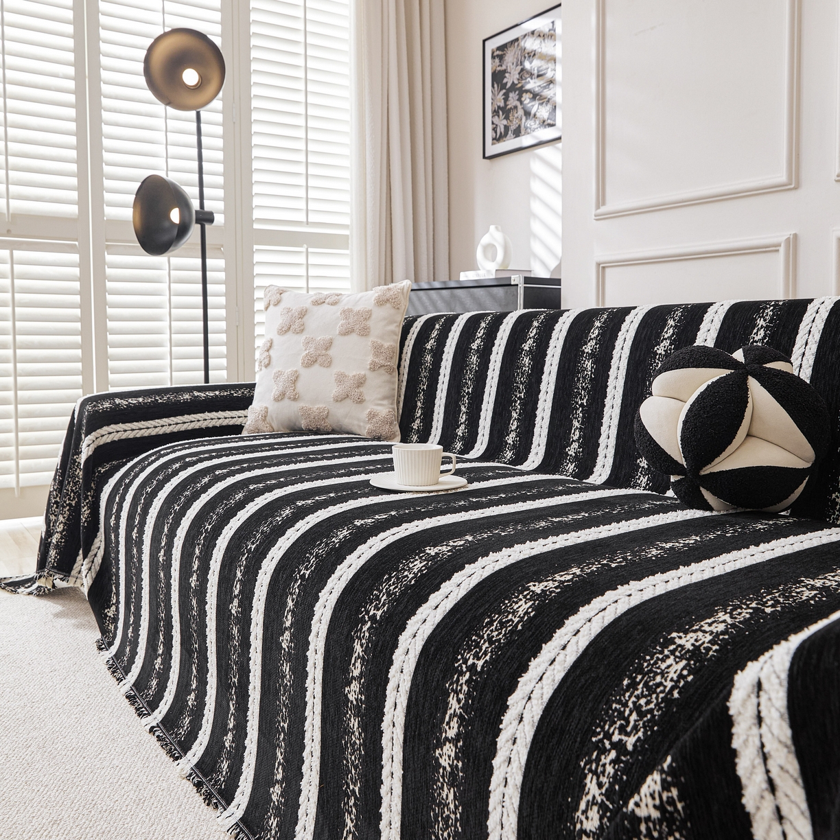 91家纺网 家纺一手货源 找家纺 逐日沙发套 2026新款加厚雪尼尔-沙发巾 织序流年-黑