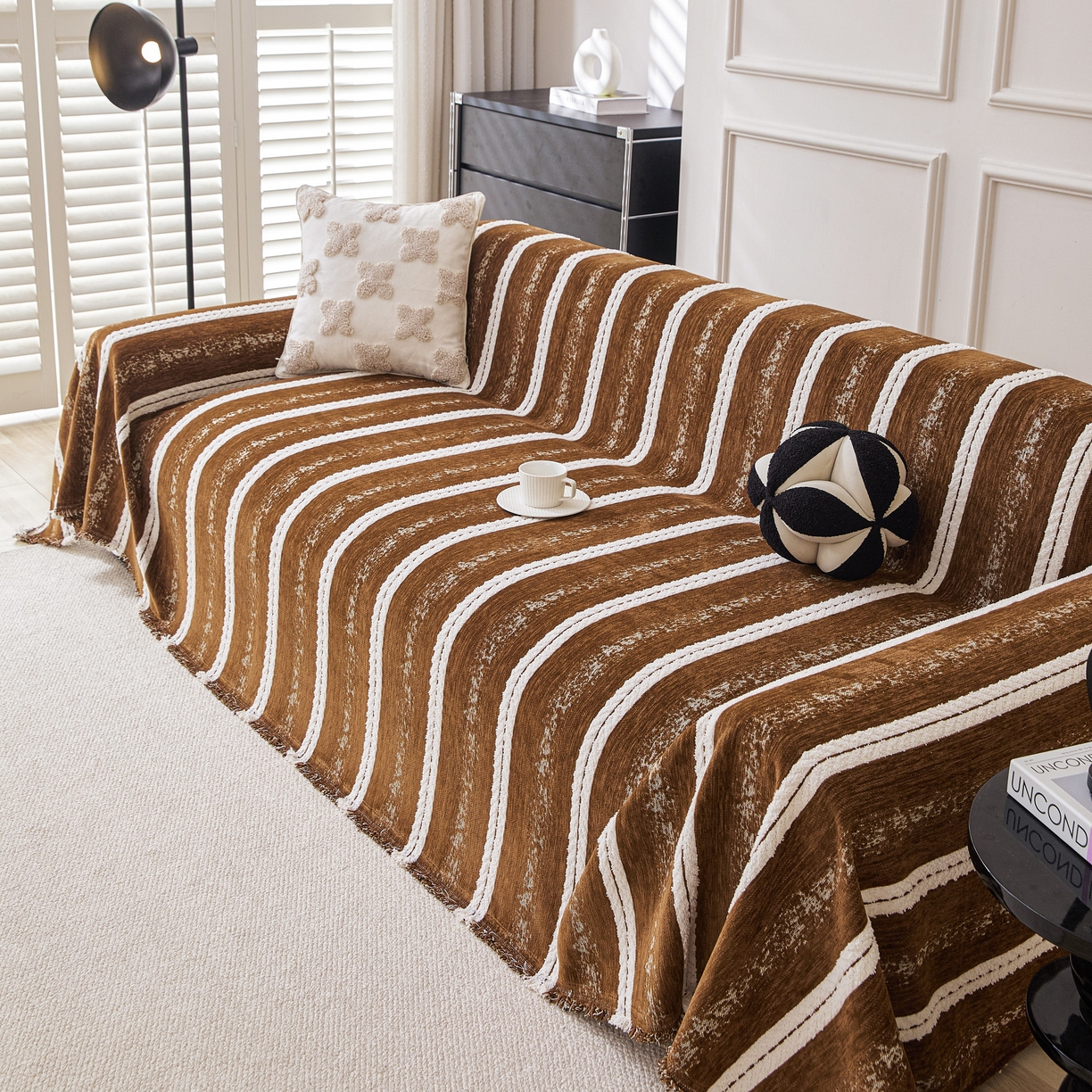 91家纺网 家纺一手货源 找家纺 逐日沙发套 2026新款加厚雪尼尔-沙发巾 织序流年-咖