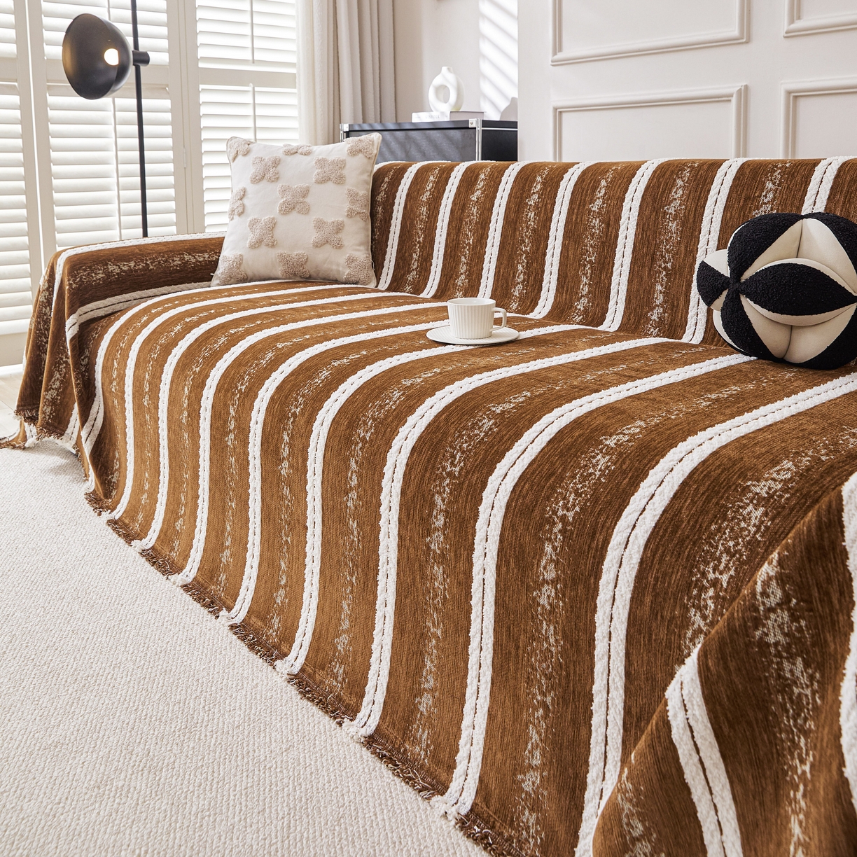 91家纺网 家纺一手货源 找家纺 逐日沙发套 2026新款加厚雪尼尔-沙发巾 织序流年-咖