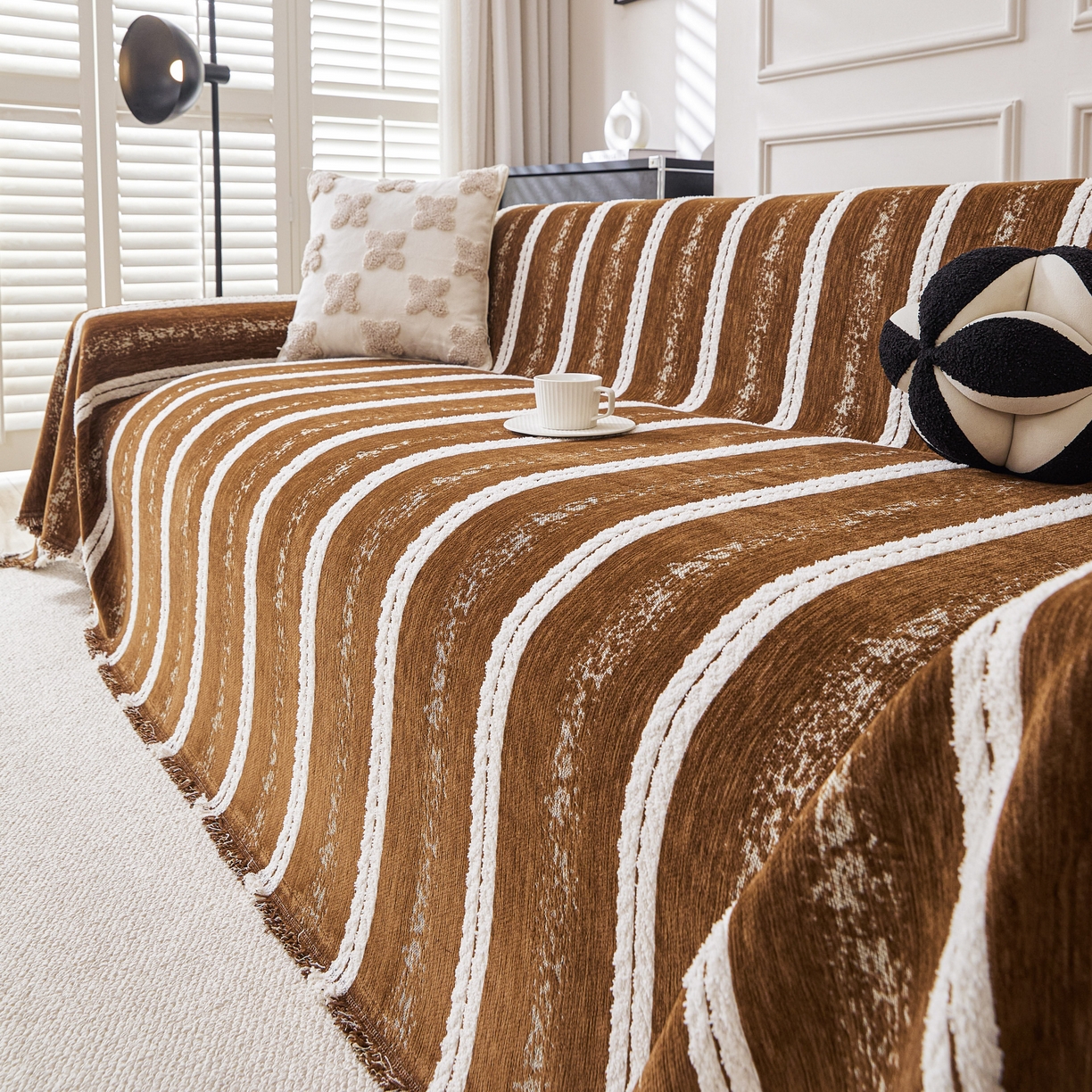 91家纺网 家纺一手货源 找家纺 逐日沙发套 2026新款加厚雪尼尔-沙发巾 织序流年-咖