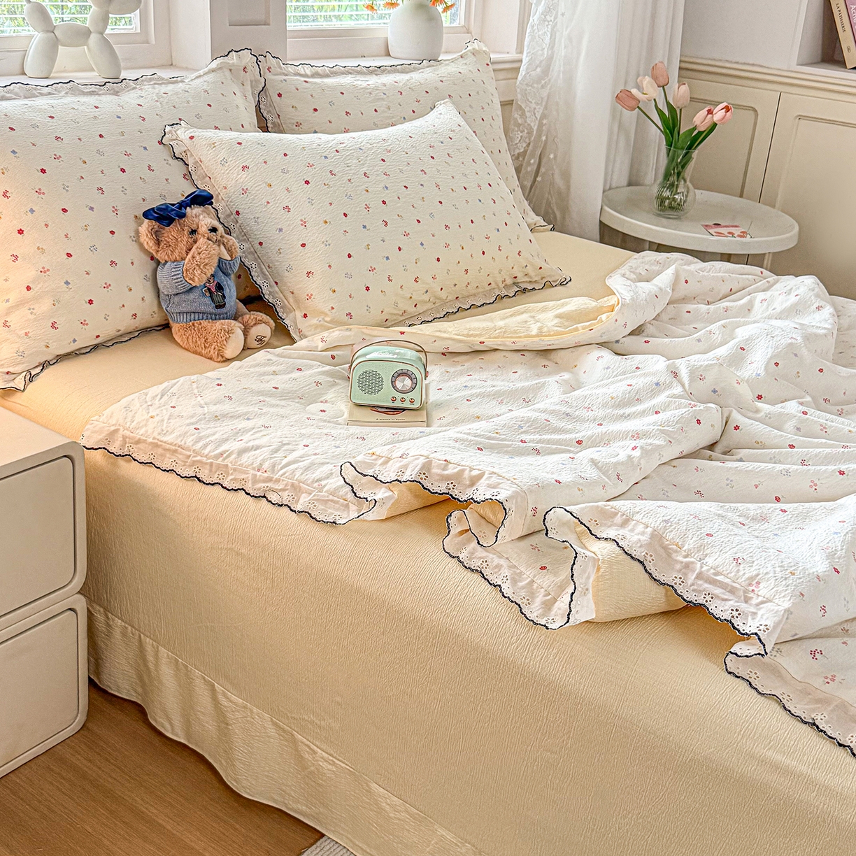 梦纤绒 2026新款法式全棉花边夏被夏凉被空调被四件套 米朵