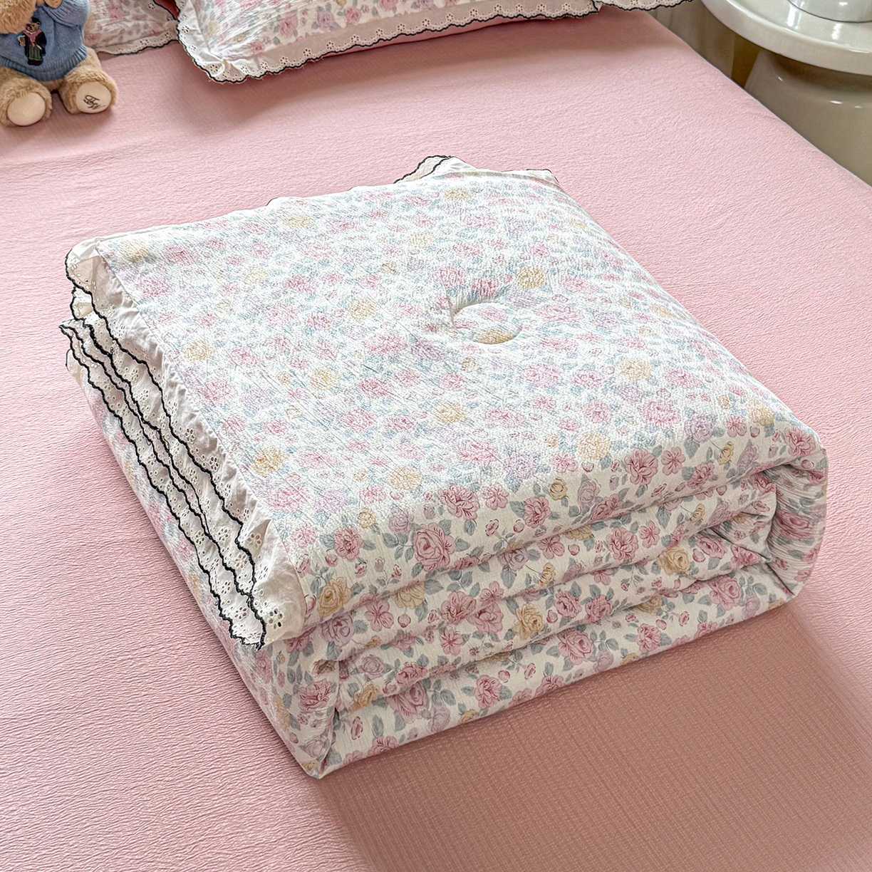 91家纺网 家纺一手货源 找家纺 梦纤绒 2026新款法式全棉花边夏被夏凉被空调被四件套 莫奈花园