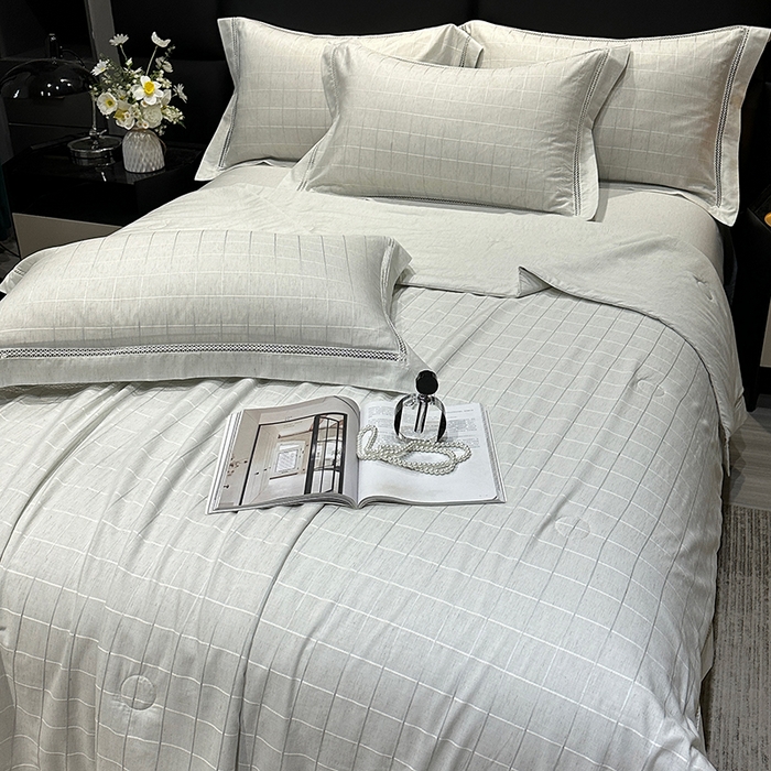 91家纺网 家纺一手货源 找家纺 （总）欧夏 2026新款莱赛尔亚麻天丝麻方格提花镂空夏被空调被夏凉被夏季薄被子直播供货外贸（独立手提袋包装）