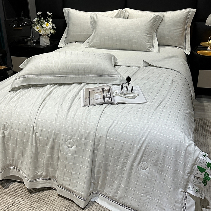 91家纺网 家纺一手货源 找家纺 （总）欧夏 2026新款莱赛尔亚麻天丝麻方格提花镂空夏被空调被夏凉被夏季薄被子直播供货外贸（独立手提袋包装）