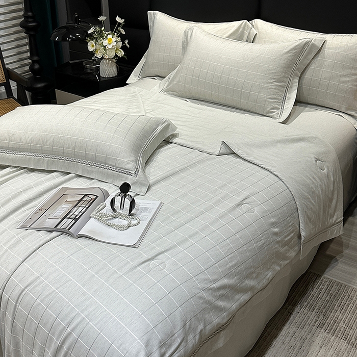 91家纺网 家纺一手货源 找家纺 （总）欧夏 2026新款莱赛尔亚麻天丝麻方格提花镂空夏被空调被夏凉被夏季薄被子直播供货外贸（独立手提袋包装）