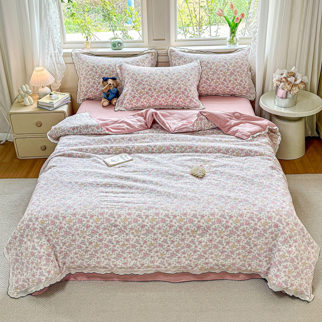 91家纺网 家纺一手货源 找家纺 梦纤绒 2026新款法式全棉花边夏被夏凉被空调被四件套 莫奈花园