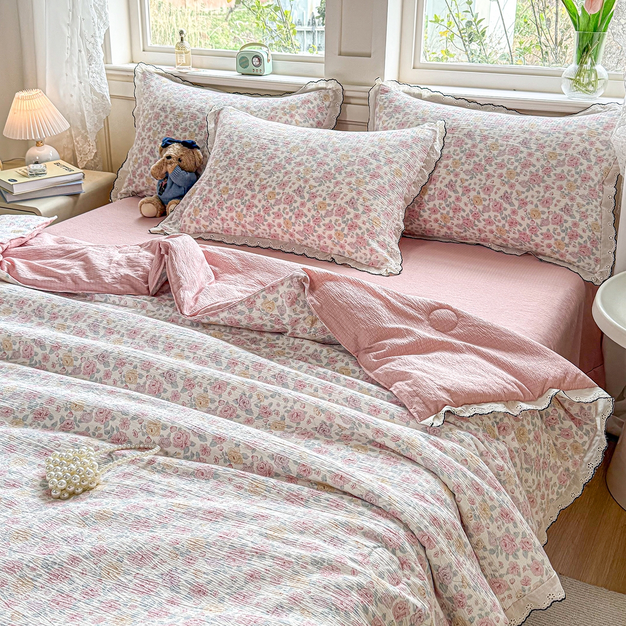 91家纺网 家纺一手货源 找家纺 梦纤绒 2026新款法式全棉花边夏被夏凉被空调被四件套 莫奈花园