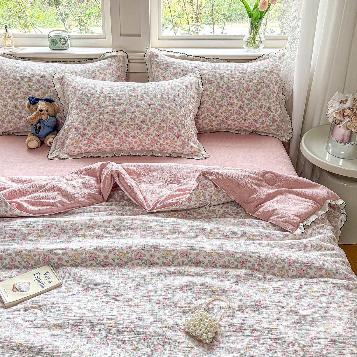 91家纺网 家纺一手货源 找家纺 梦纤绒 2026新款法式全棉花边夏被夏凉被空调被四件套 莫奈花园