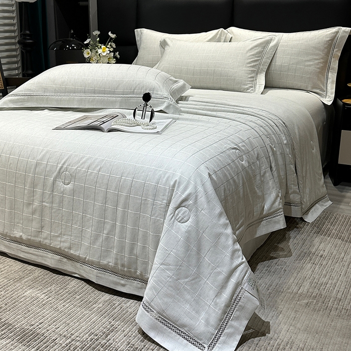 91家纺网 家纺一手货源 找家纺 欧夏 2026新款莱赛尔亚麻天丝麻方格提花镂空夏被空调被夏凉被夏季薄被子直播供货外贸（独立手提袋包装） 宾利蓝