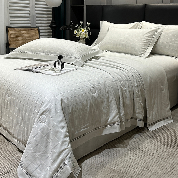 91家纺网 家纺一手货源 找家纺 欧夏 2026新款莱赛尔亚麻天丝麻方格提花镂空夏被空调被夏凉被夏季薄被子直播供货外贸（独立手提袋包装） 宾利蓝