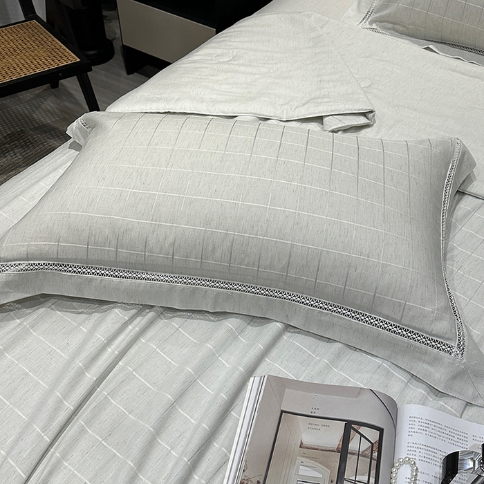 91家纺网 家纺一手货源 找家纺 欧夏 2026新款莱赛尔亚麻天丝麻方格提花镂空夏被空调被夏凉被夏季薄被子直播供货外贸（独立手提袋包装） 宾利蓝