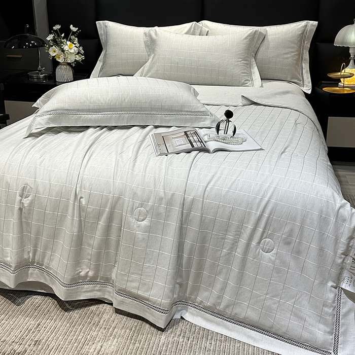 91家纺网 家纺一手货源 找家纺 欧夏 2026新款莱赛尔亚麻天丝麻方格提花镂空夏被空调被夏凉被夏季薄被子直播供货外贸（独立手提袋包装） 宾利蓝