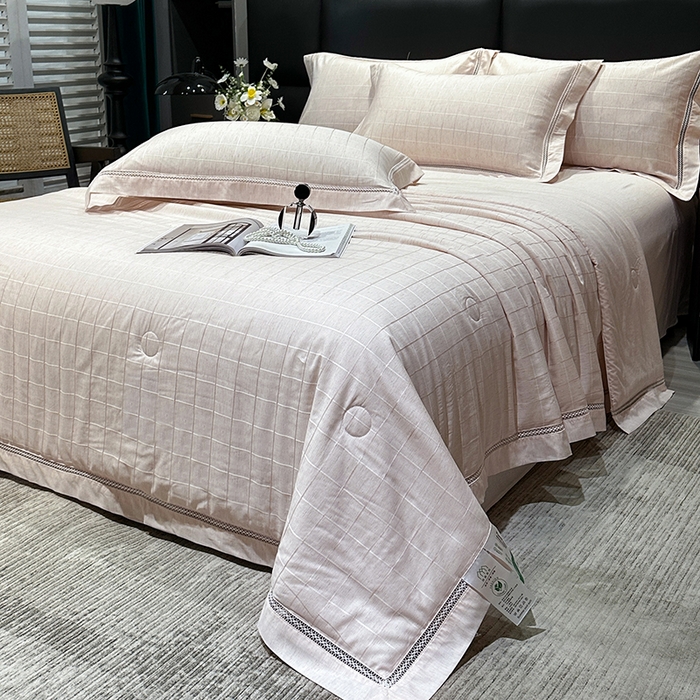 91家纺网 家纺一手货源 找家纺 欧夏 2026新款莱赛尔亚麻天丝麻方格提花镂空夏被空调被夏凉被夏季薄被子直播供货外贸（独立手提袋包装） 美玉粉